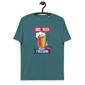 Unisex organic cotton t-shirt: BBQ, Beer, Freedom